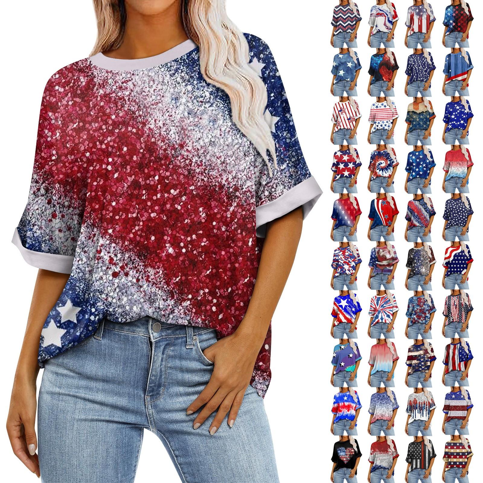 

Женская свободная футболка с круглым вырезом и короткими рукавами с принтом, до плеч L синий