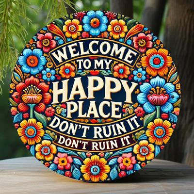 2d Flat 20*20cm, "Welcome To My Happy Place" Circular Wooden Sign Durable, Easy To Hang Decoration, Suitable for Bedrooms, Kitchens, Restaurants