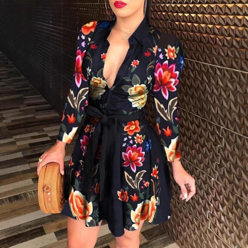 Wish Hot Sale Long Sleeve Collar Strap Fashion Sexy Printed Dress Women