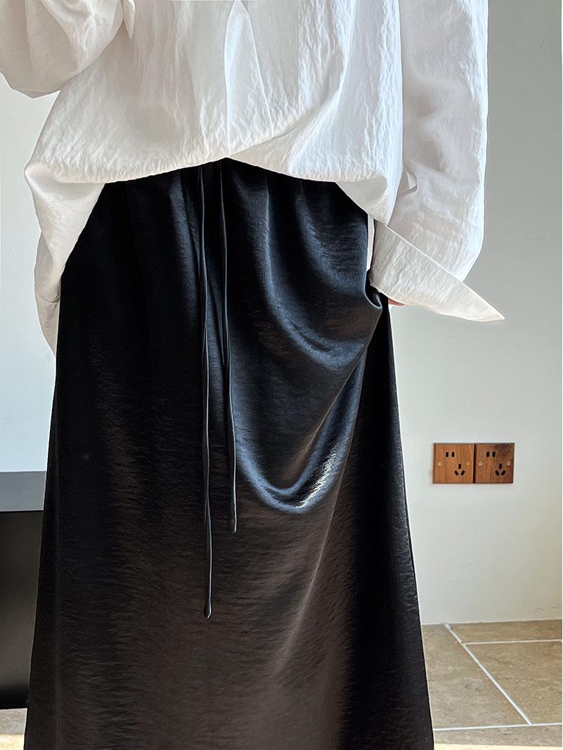 LUXI Women s French Satin Drawstring Midi Skirt - Versatile Mid-Length A-Line Skirt 1860 M