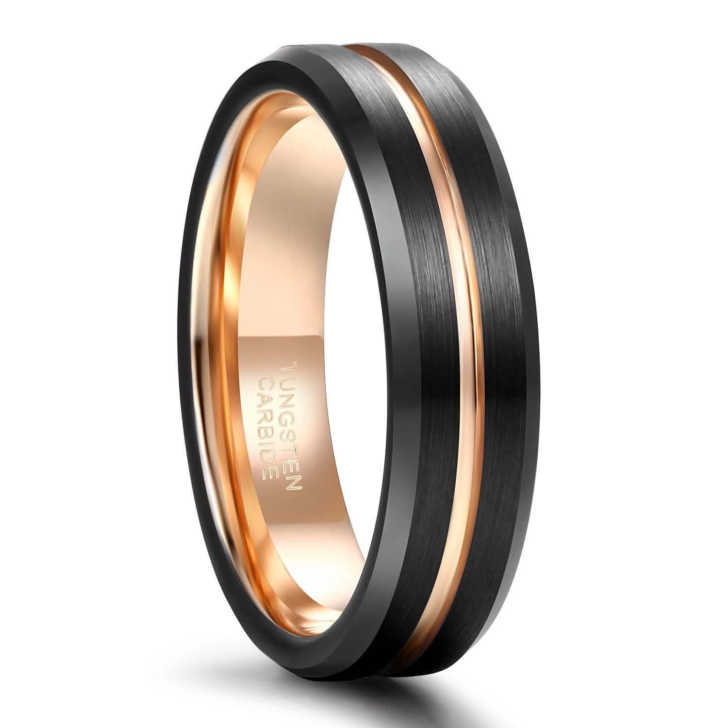Men s Rose Gold Tungsten Ring with Engravable Grooved Beveled Edge (6/8mm) US Size 6.5