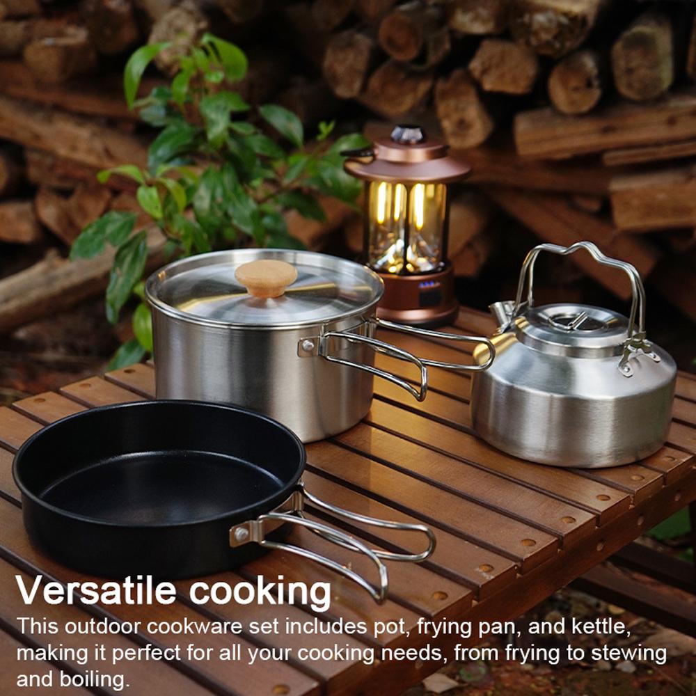 Camping Hiking Cookware Set Outdoor Portable Picnic Cookware Kit Stainless Steel Pot Frying Pan Kettle Set Travel