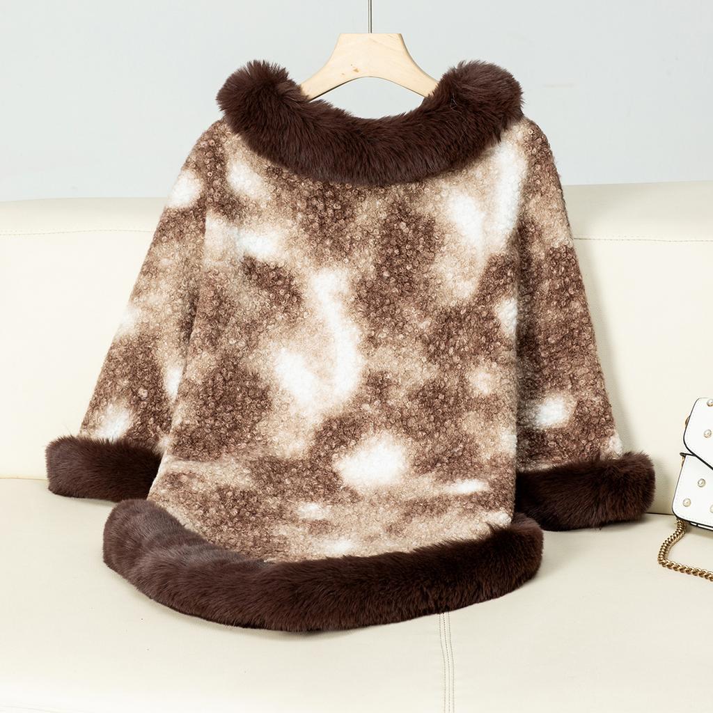 Women's Autumn and Winter Large Size Sleeve Knitted Leopard Print Fur Collar Shawl Loose Sweater Cape Top for Women