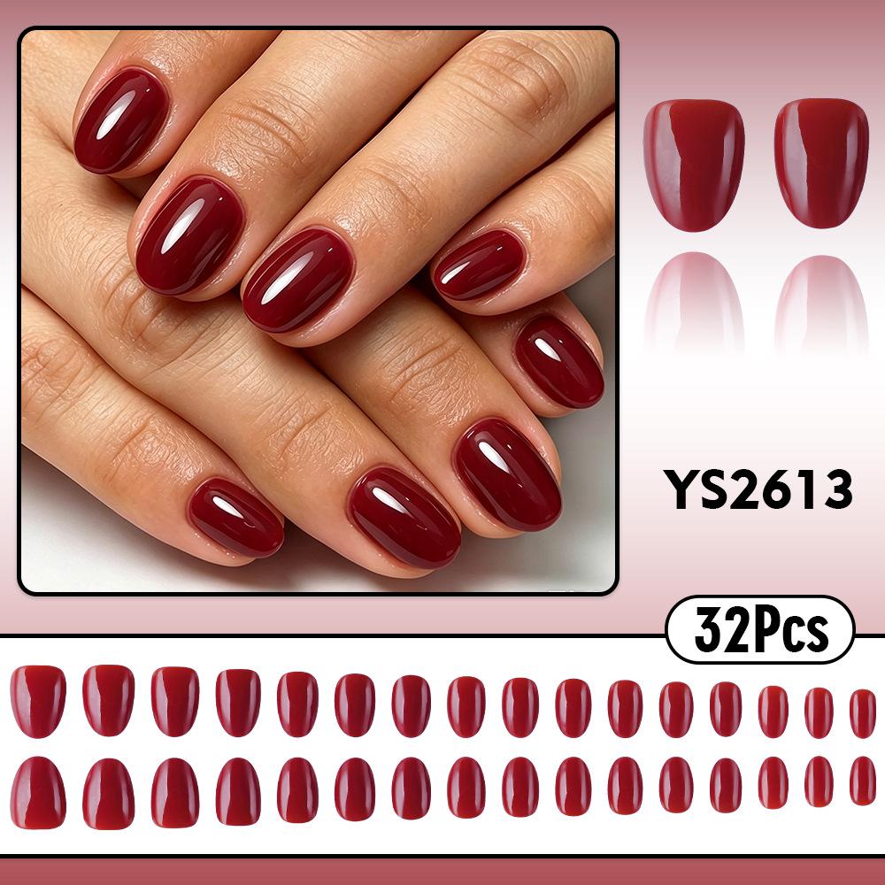 Deep Red Glossy Oval False Nails - 32 Pcs, High-Quality, Removable