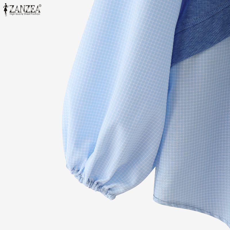 ZANZEA Women Casual Round Neck Long Sleeve Loose Patchwork Blouse