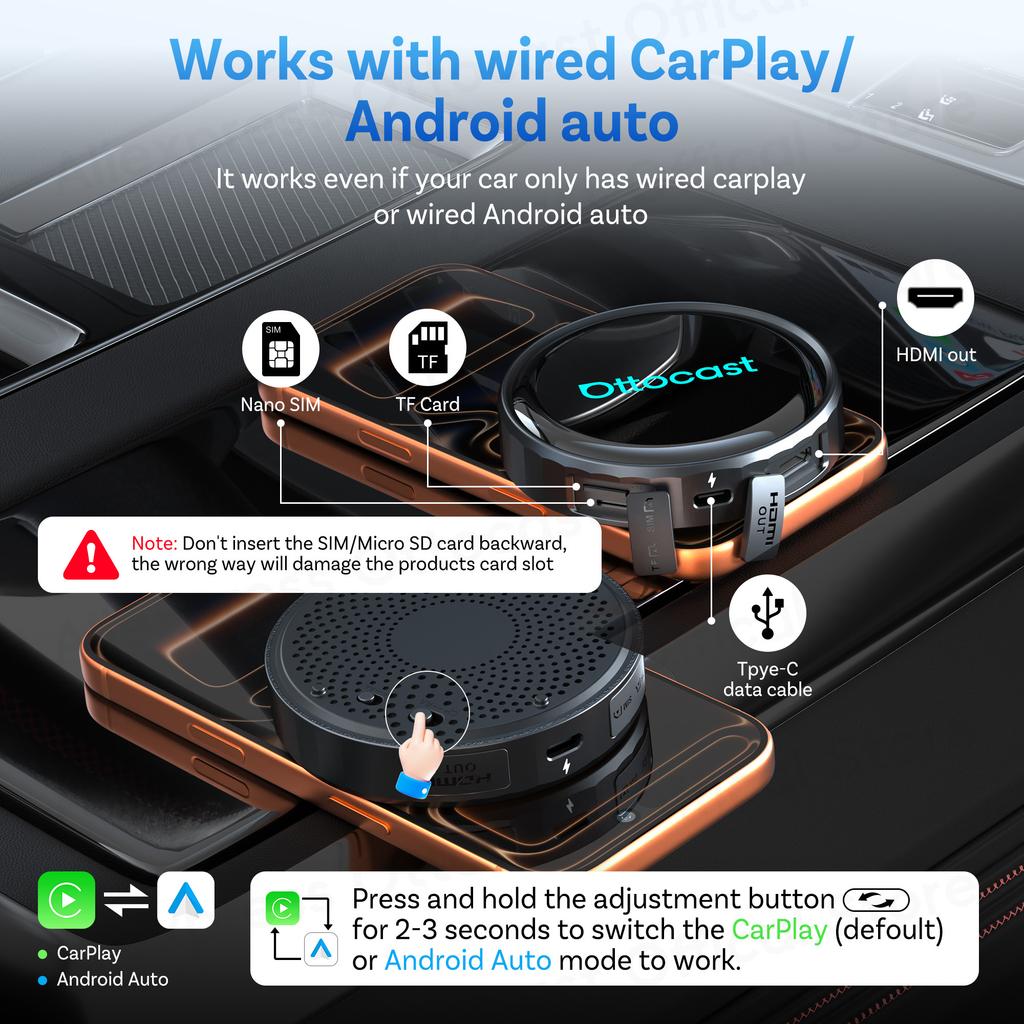 OTTOCAST P3 PRO AI Box Смарт SM6225 Android Box Бездротовий CarPlay Android Auto Штучний інтелект Голосове керування Автомобільні аксесуари для VW Toyota Benz