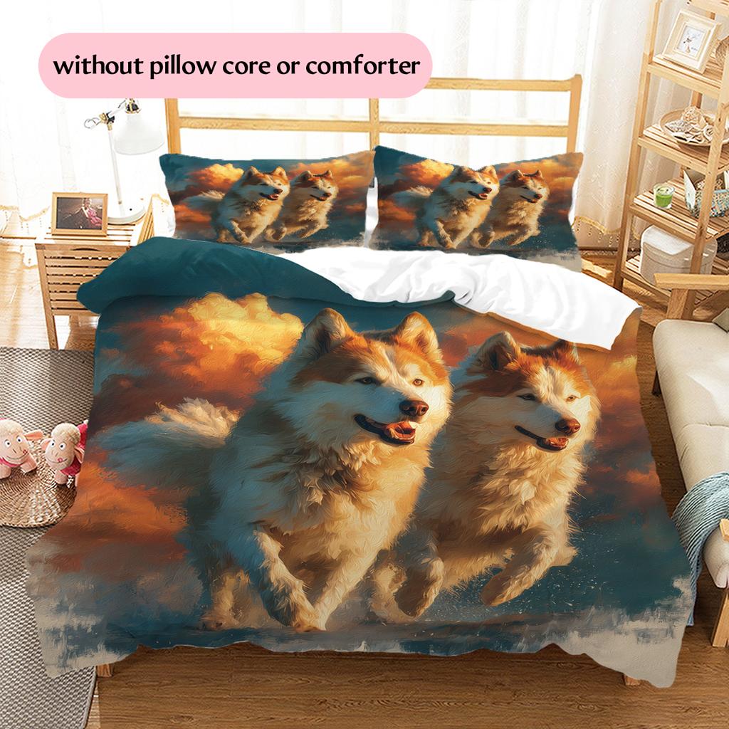 Husky and flowers Pattern Bedding Home Decoration Birthday Gift (1 * duvet cover + 2 * pillowcase, without core)