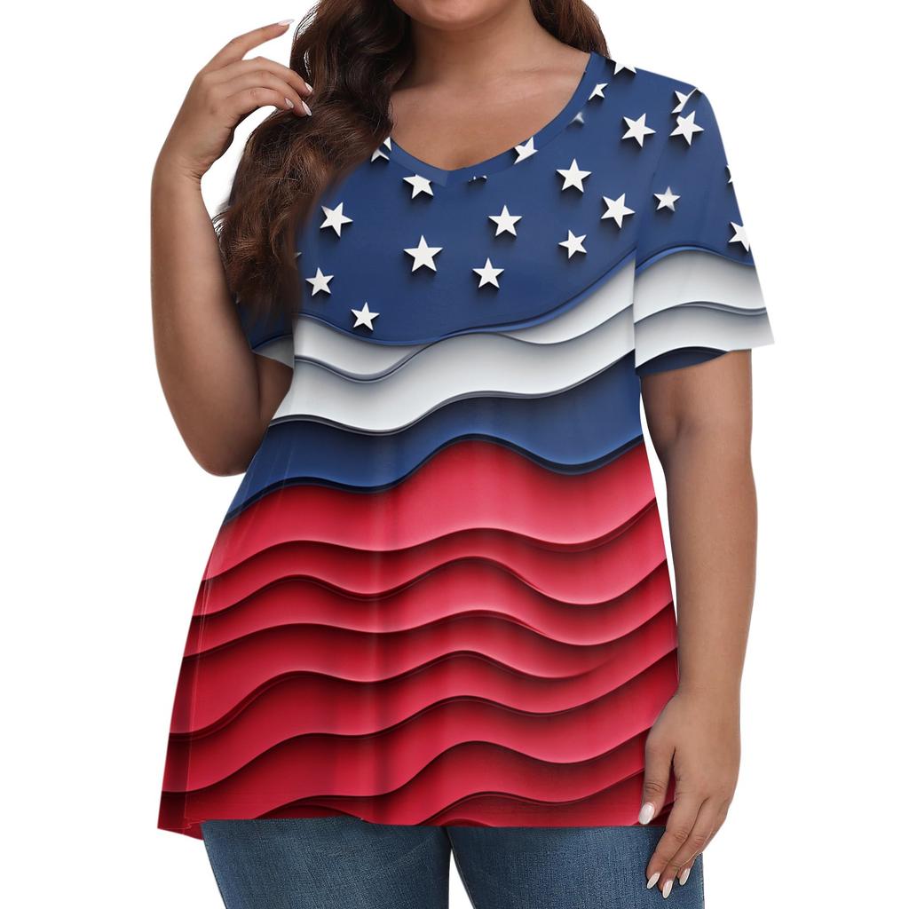 Damenmode Lässig V-Ausschnitt Pullover Kurzarm Übergröße Bedrucktes T-Shirt Top