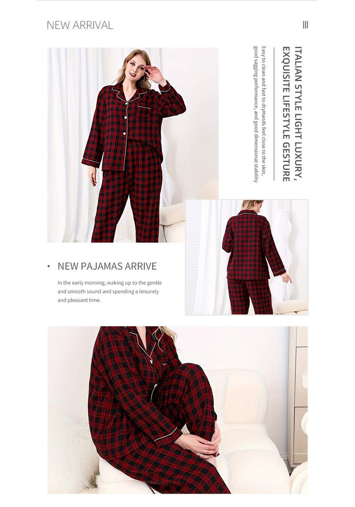 Red and black plaid pure cotton pajamas women's autumn and winter long-sleeved trousers loose large-size loungewear set