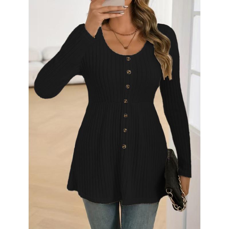Women S Plus Size Solid Long Sleeve Round Neck Top With Button Decoration