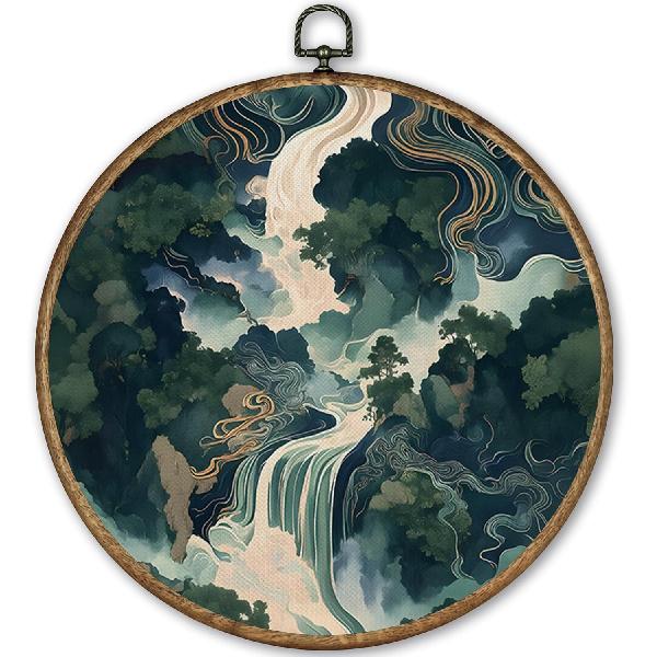 TLESKE Abstract Japanese Waterfall Round Wall Art Decor Framed 10x10, Blue Green Mountain Canvas Wall Art Prints Artwork, Landscape Wall Hanging Room