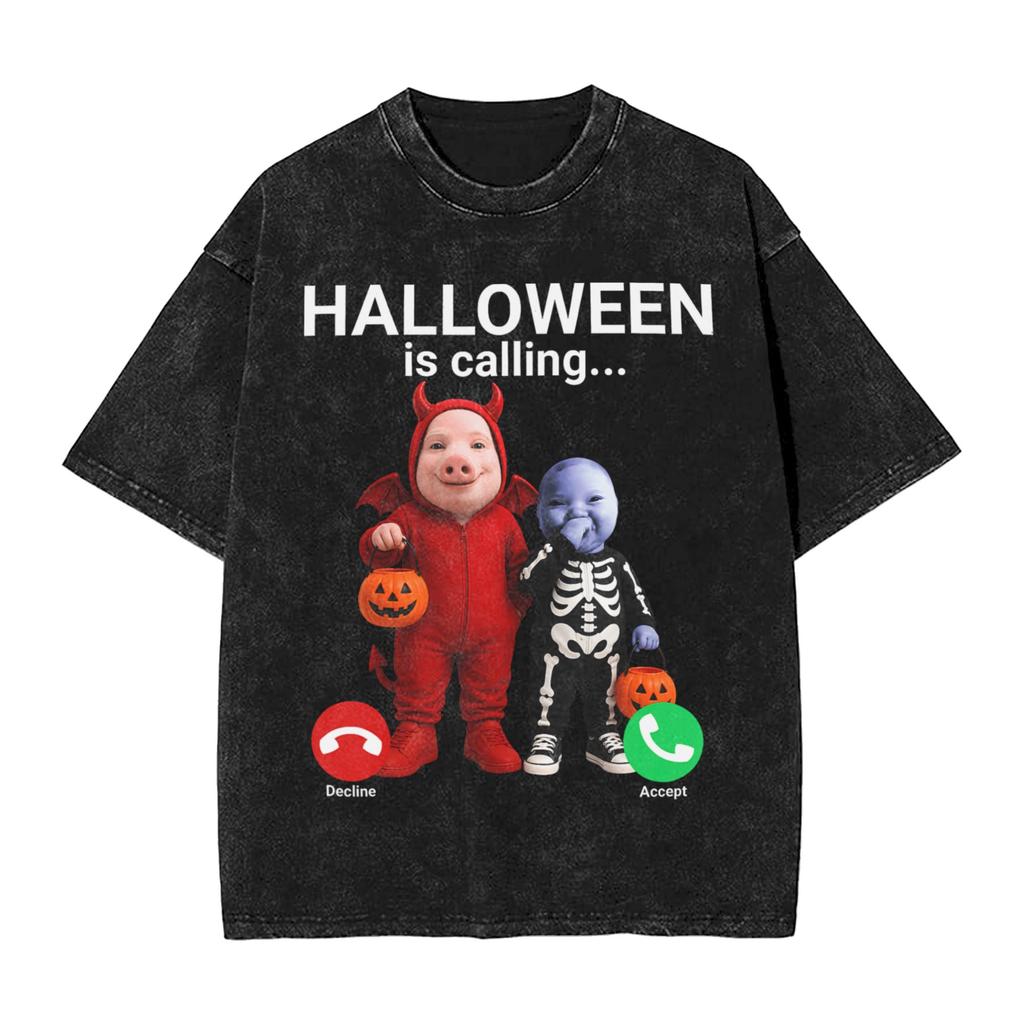 Vintage Washed T-Shirt Halloween John Pork AI Baby Cotton T Shirts Trendy Cool Tshirt for Male Summer Aesthetic Casual Top Tees