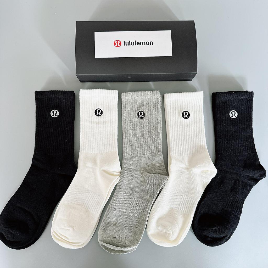 Lululemo Lemon High Socks: A Box of 5 Trendy Embroidered Sports Socks for Men and Women