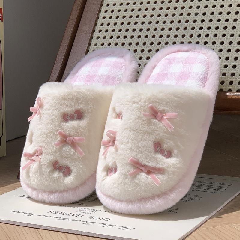 New fashionable contrasting color bow fluffy slippers autumn and winter indoor home velvet warm non-slip cotton slippers