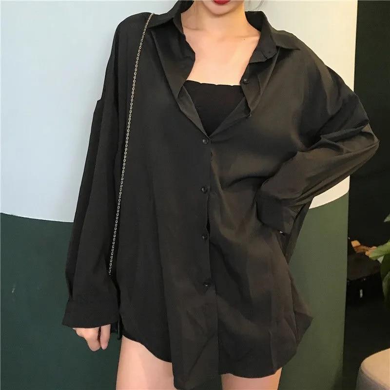 Black Shirts Women Oversized Vintage Chic Korean Fashion Long Sleeve Casual Blouse