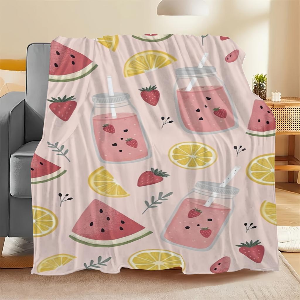 Watermelon and Watermelon Juice Flannel Blanket - Bed, Sofa, Office, Travel, Gift, Decoration, Chair, Cozy and Warm, Christmas