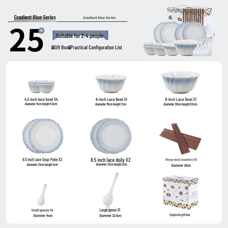 Huazao Baijia WA Gradient Blue Ceramic Dinnerware Set, 25-Piece
