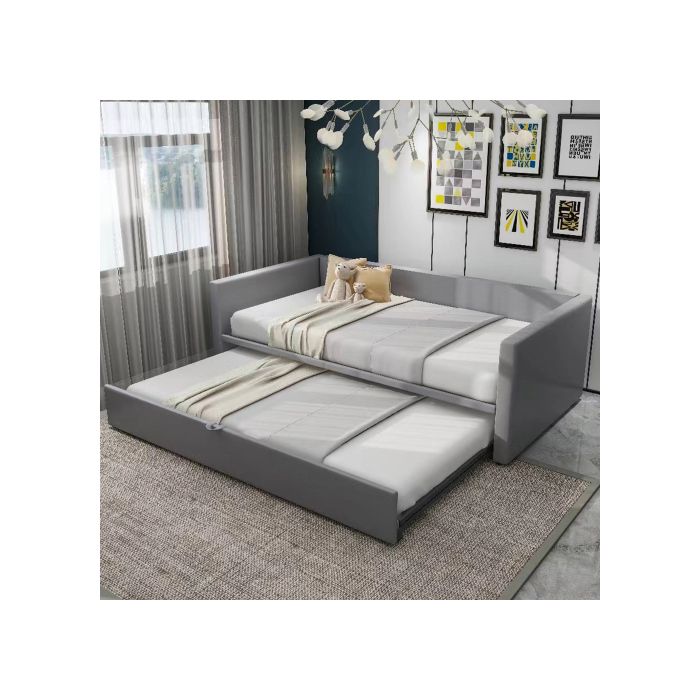 Canapé-lit extensible - 90/180*200 cm - Gris - Lattes en bois - Design peu encombrant