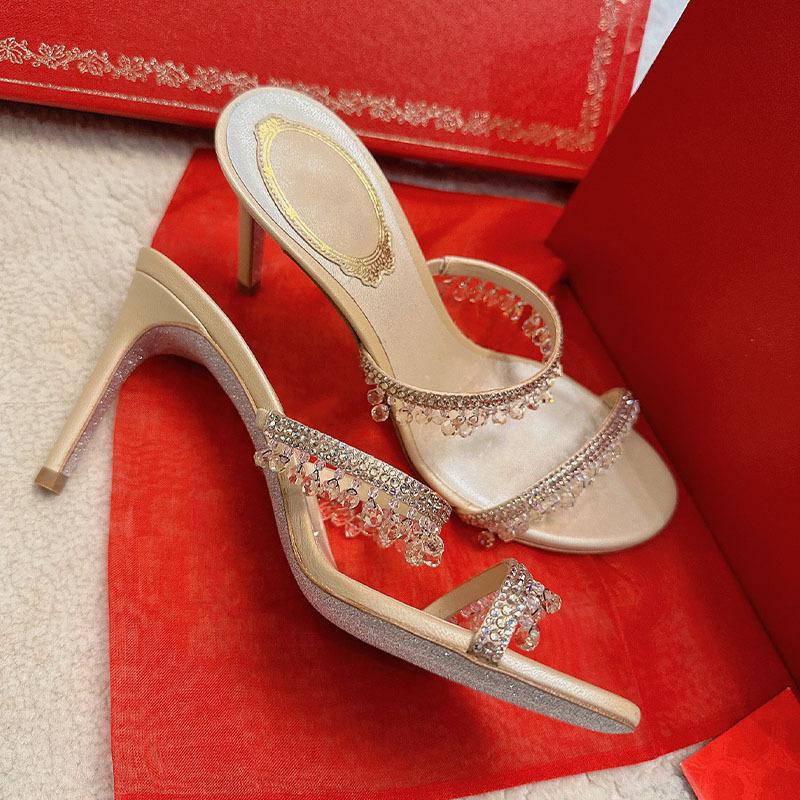 2025 Summer New Water Diamond Sexy High Heels Slim Sandals with Thin Heels High-heeled Stiletto Women's Mule