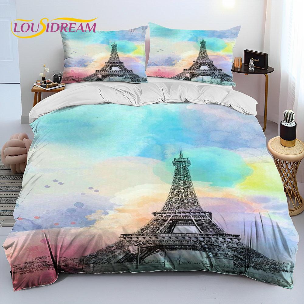 France Paris Eiffel Tower Comforter Bedding Set,Duvet Cover Bed Set Quilt Cover Pillowcase,King Queen Size Bedding Set Kid Adult
