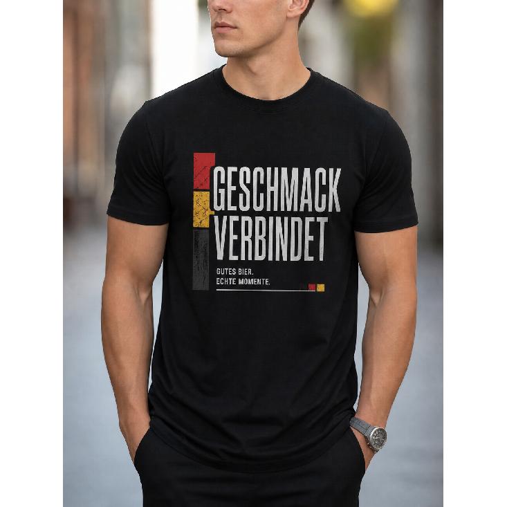 Men's black cotton t-shirt with German flag graphic and bold text print, crew neck short sleeve casual top for everyday wear or cultural events