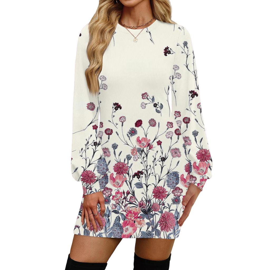 Damenmode Lässiges Rundhals Langarmkleid