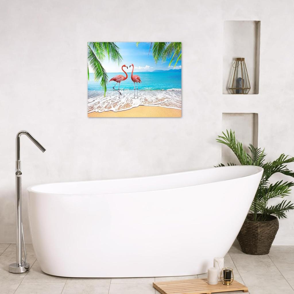 LB Pink Flamingo Beach Wall Art for Bathroom Tropical Green Palm Leaf Canvas Wall Art Wall Paintings Home Decor Blue Ocean Wall Pictures for Living