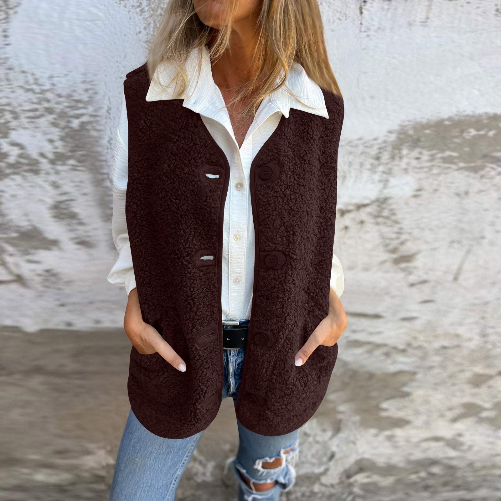

Женский однотонный укороченный жилет из флиса с карманами на пуговицах без рукавов, куртка, жилет, пальто M кофейный