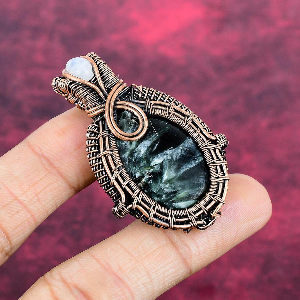 Seraphinite Gemstone Pendant Copper Wire Wrapped Jewelry Rainbow Moonstone Pendant