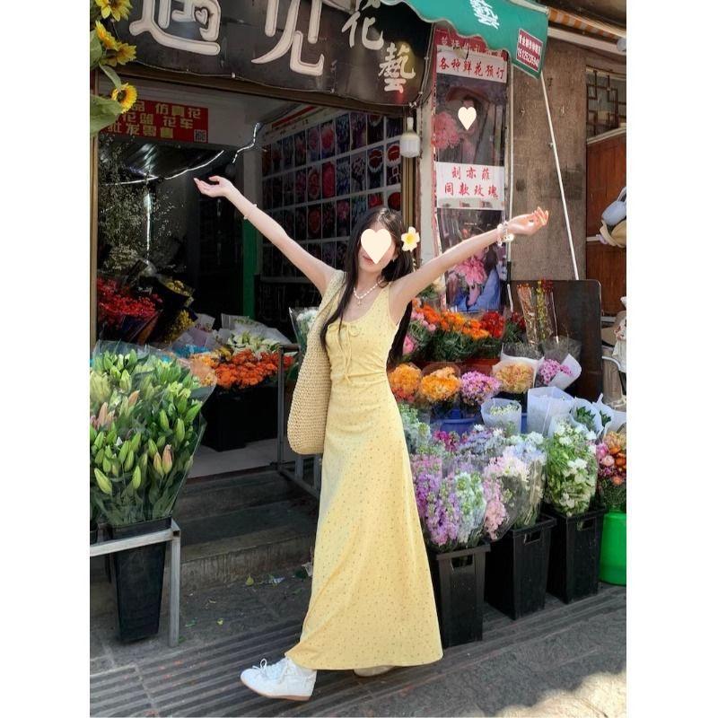 Yellow floral suspender dress women's summer sleeveless vest skirt sweet wind waist long skirt a word skirt