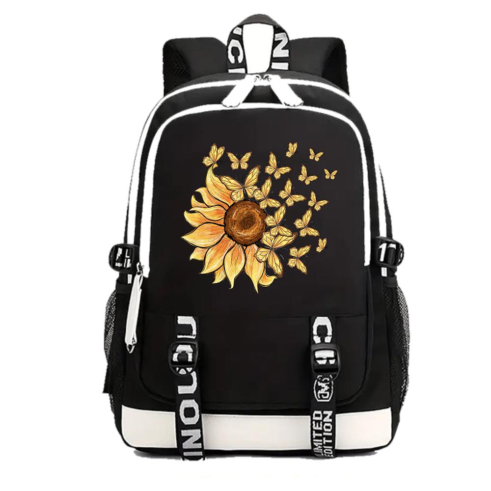 Sunflower & Butterfly Print Backpack Popular Women Girls Fashion Travel Backpacks Outdoor School Bag