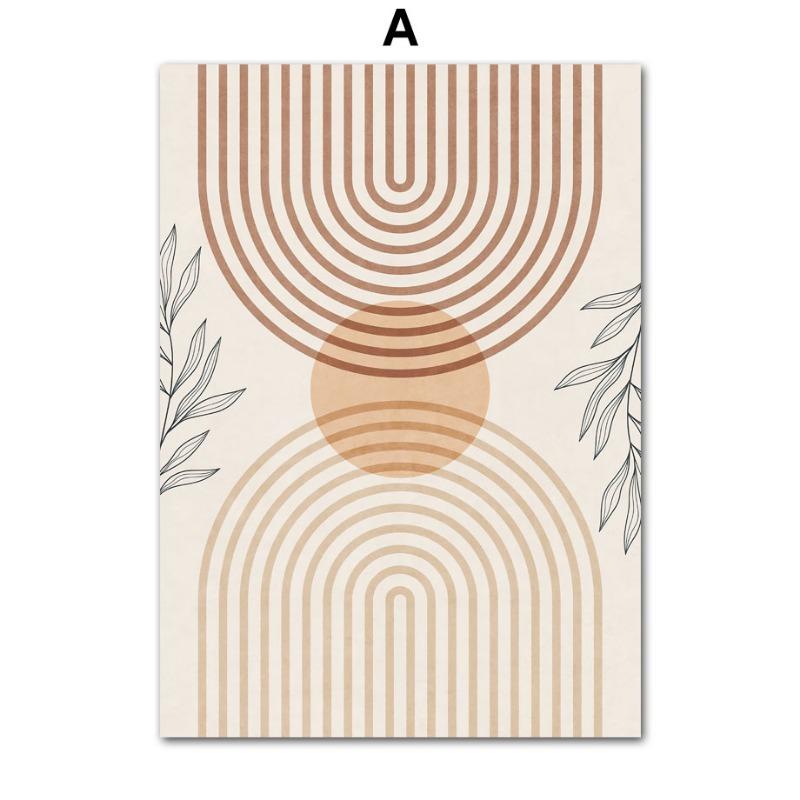 Abstract Girl Sun Lines Rainbow Leaf Wall Art Canvas Painting Boho Beige Posters Prints Pictures Living Room Interior Home Decor