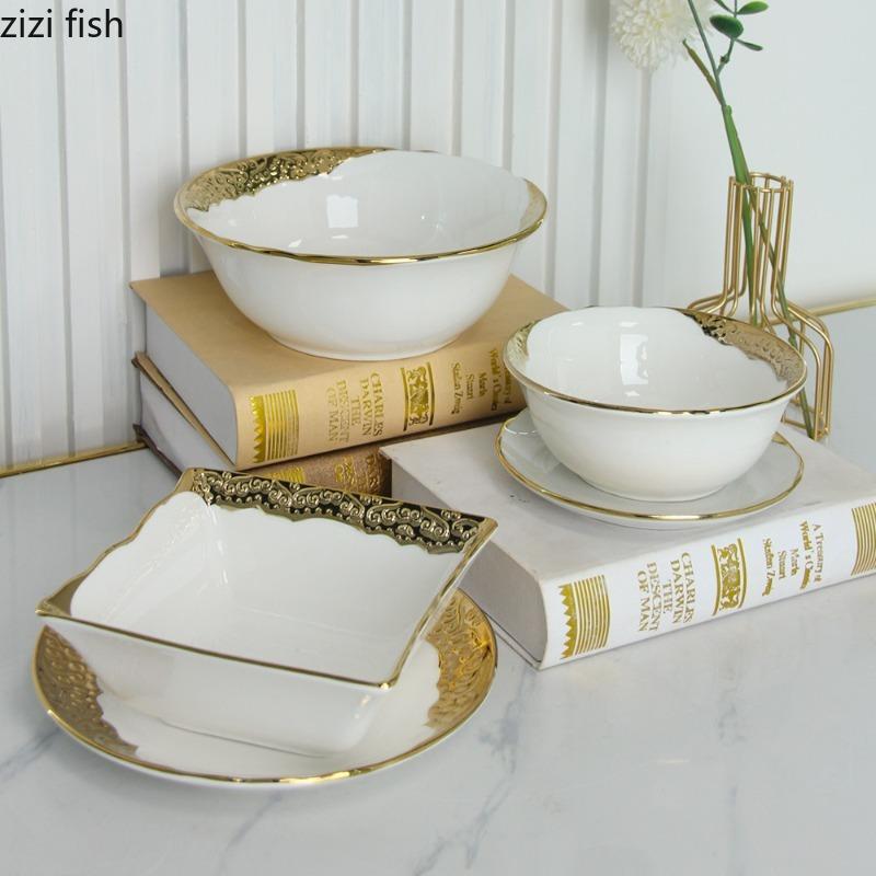 Golden Edged Ceramic Dining Plate Western Style Steak Plate Pasta Dish Sushi Plates Salad Bowl Serving Plates Dessert Bowl Dish