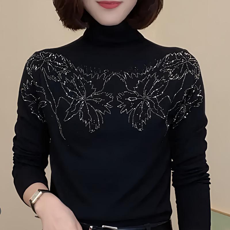 

Stylish Rhinestone Semi-High Neck Long-Sleeve Top - Age-Defying & Tummy Covering M