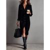 Women's Turn Down Collar Long Sleeve Shirt Dress Loose Fit Elastic Waist Solid Corduroy Midi Dress