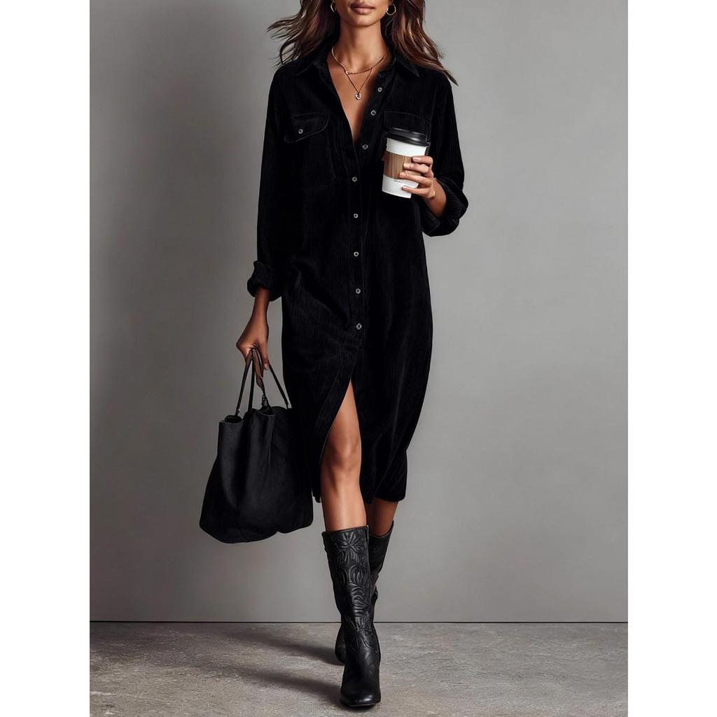 Women's Turn Down Collar Long Sleeve Shirt Dress Loose Fit Elastic Waist Solid Corduroy Midi Dress