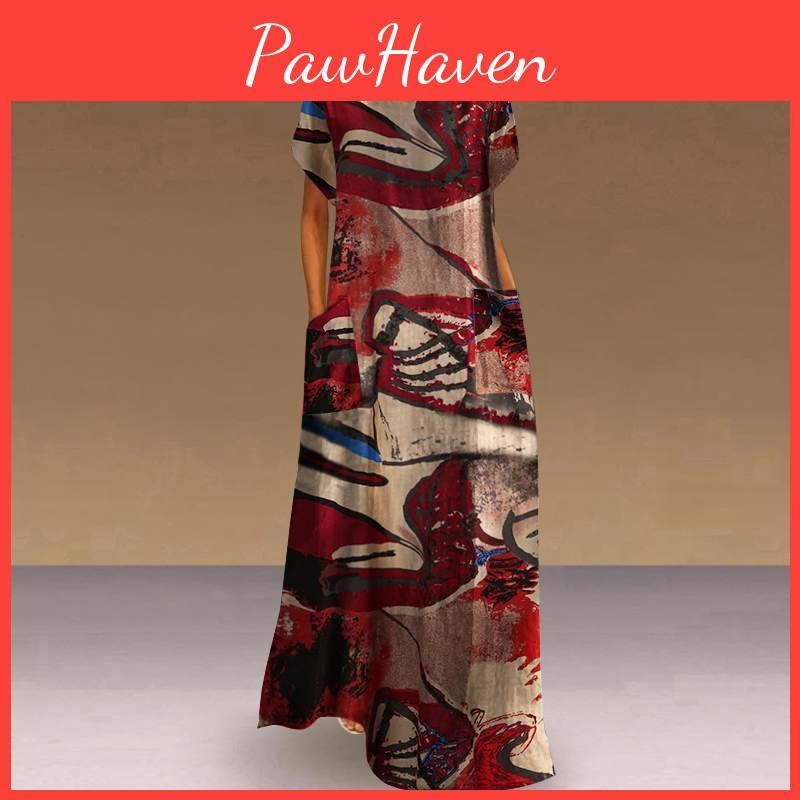 Spring Summer Women Style National Bohemian Dress Long Straight Oneck Loose Waist Print Pocket S5xl