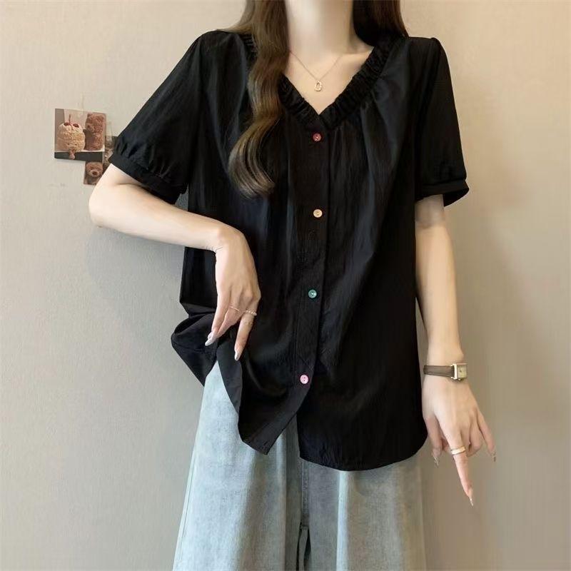 Large size fat mm colored button short-sleeved shirt women's design sense summer new loose and thin V-neck top