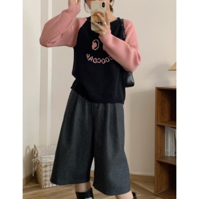 

Autumn and winter new contrasting color round neck short sweater jacquard big eyes smiley face splicing long sleeve knitted sweater women one size fits all