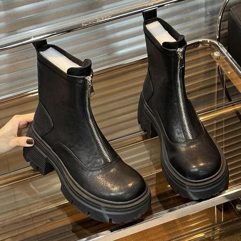 Chunky Women Ankle Boots Platform Designer Zippers Mid Heels Shoes 2025 Trend Winter Fad Goth Gladiator Motorcycle Botas Mujer