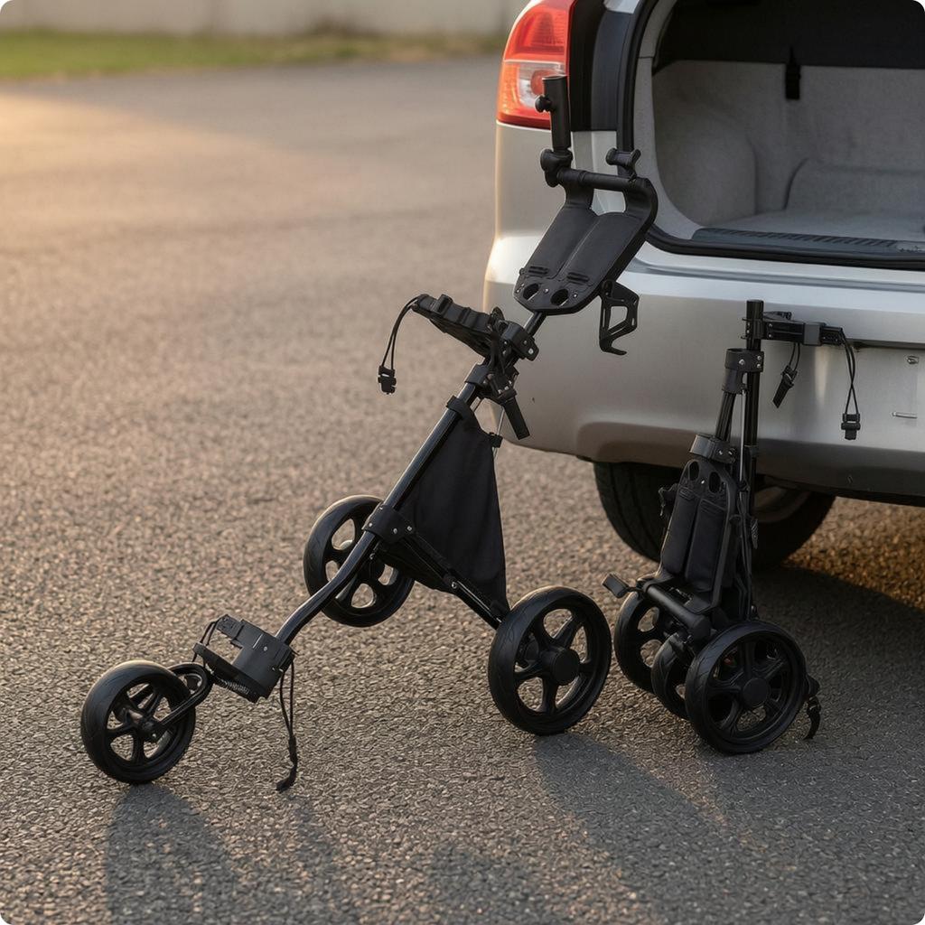 Three-Wheel Golf Push Trolley Water Bottle Holder 3-Wheel Golf Push Trolley Sports Gear Spoked Wheels Easy Fold