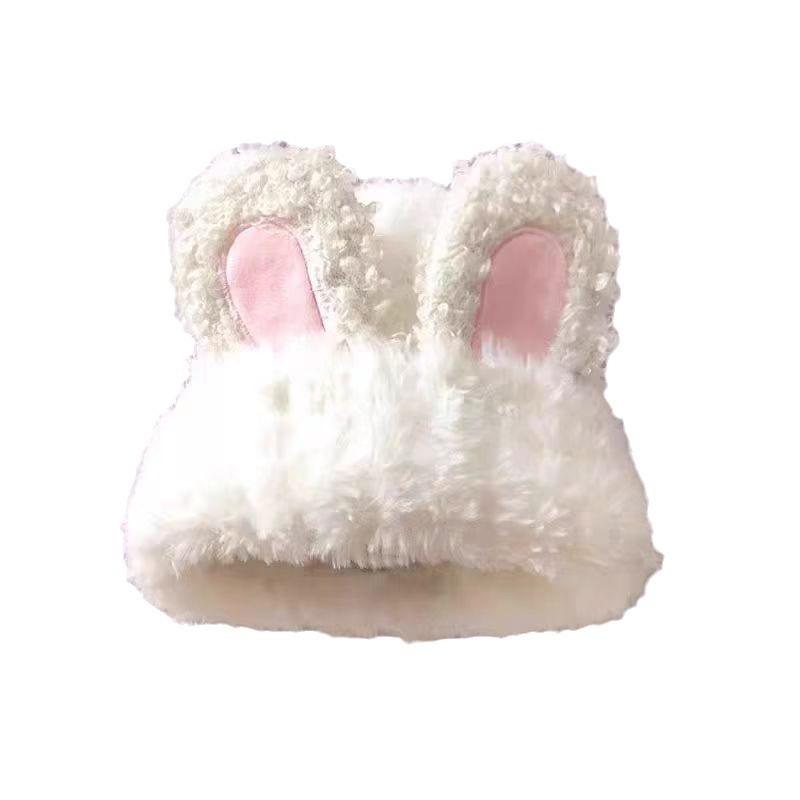 Cute rabbit ear hat white plush autumn and winter warm knitted wool hat women's plush bag head cold hat