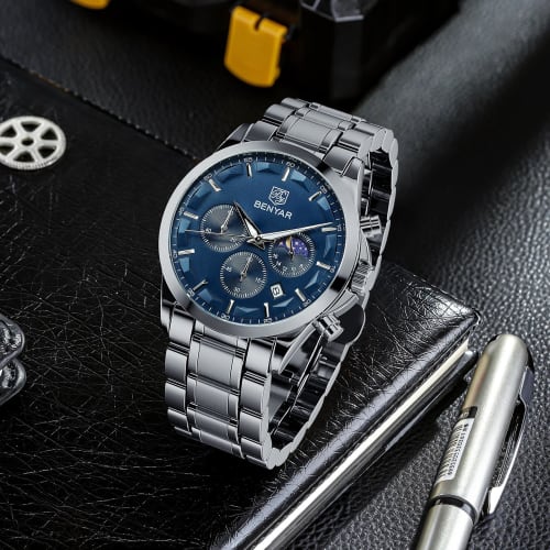 BENYAR Men's Multi-Calendar Chronograph Watch with Leather Strap, Water-Resistant and Scratch-Resistant Silver-Blue Finish, Perfect for Business and F