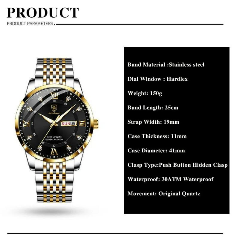 New Casual Men's Watches Stainless Steel Band Wristwatch Big Dial Quartz Clock with Luminous Waterproof Watch Business Chronograph