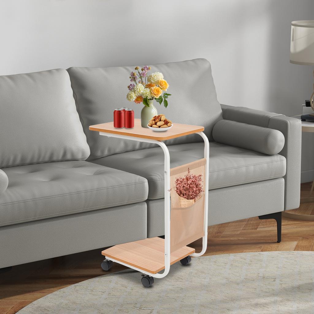 C-Shaped MDF Side Table,Black/Brown/Wood Color 2 Tiers Small C Table with Wheels Floorstanding for Sofa and Bed