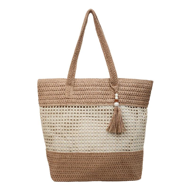 Woven Straw Tote with Tassel Accent and Spacious Interior for Summer Beach or Casual Daily Use