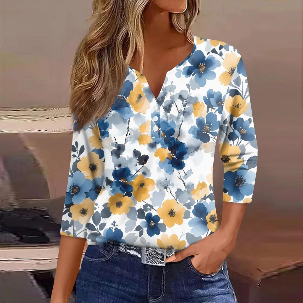 Dámské tričko s potiskem, knoflíky, 3/4 rukávy, pro každý den, na víkend, módní, základní, s výstřihem do V, běžný top