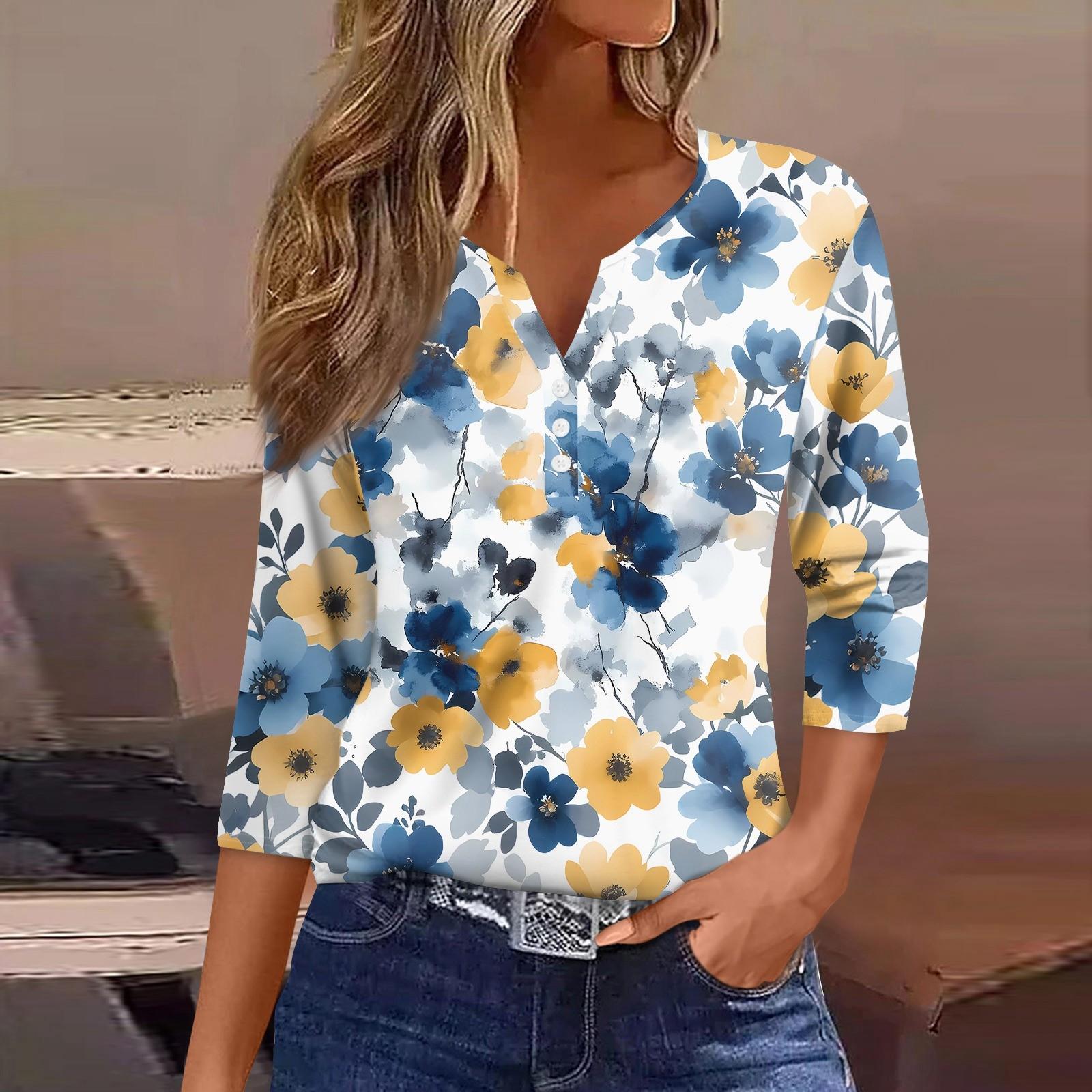 Жен. Футболка С принтом Пуговицы Рукав 3/4 Повседневные Выходные Мода Классический Классический V-образный вырез Обычный Верх XXL синий