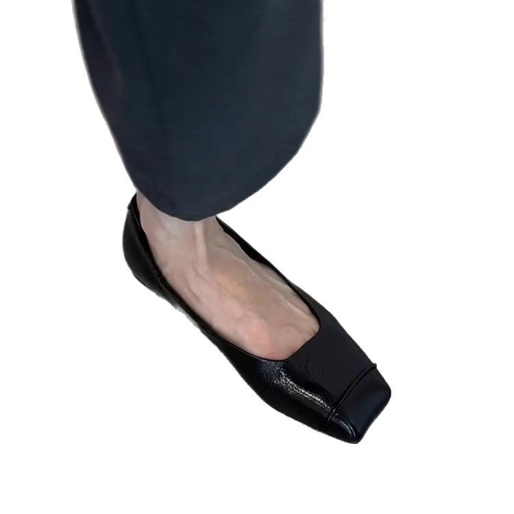 Spot-Version~ Schwarze Retro-Dünnleder Bequeme Pendel-Flats Damenschuhe Minimalistisch Quadratische Spitze Einschlupf Kleine Einzelne Schuhe