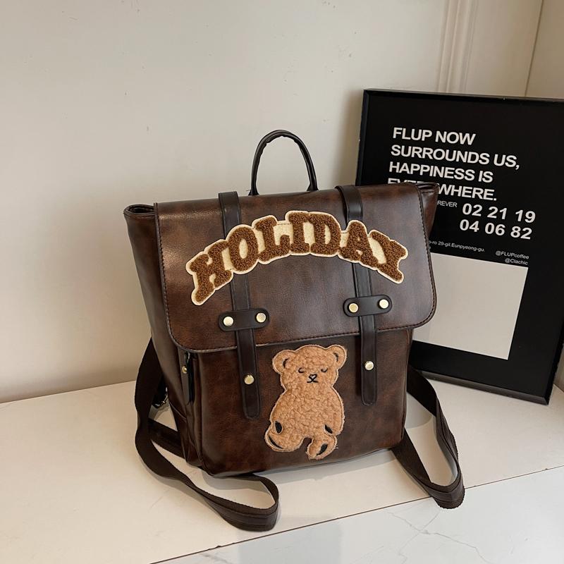 Retro Backpack Women Letter Bear Print Commuter Bag Large Capacity Student School Bag